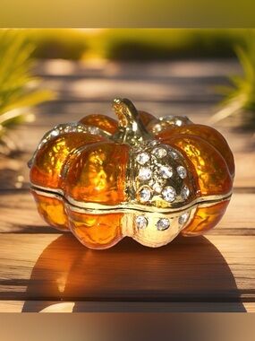 Stunning Orange Enamel Pumpkin Mini Trinket Box Rhinestone Gold Hinged Magnetic